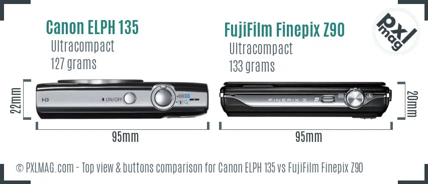 Canon ELPH 135 vs FujiFilm Finepix Z90 top view buttons comparison