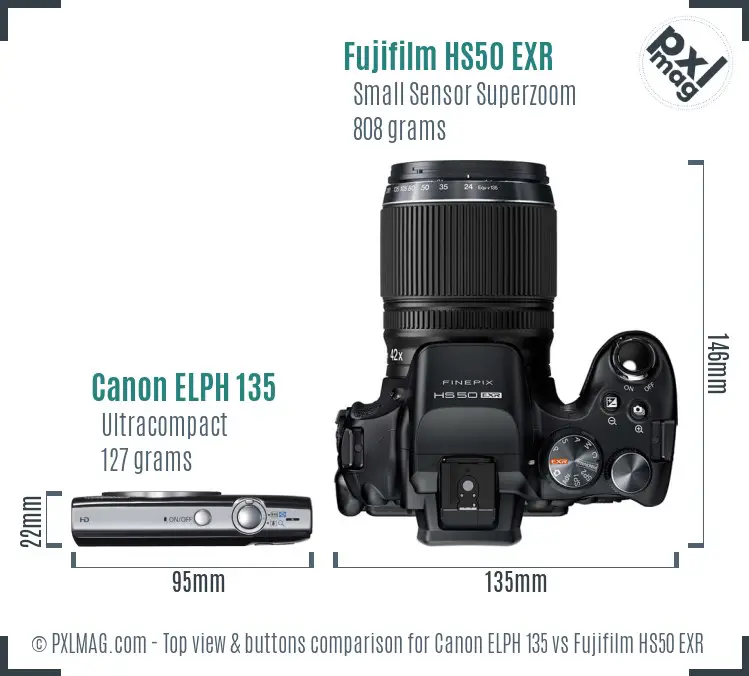 Canon ELPH 135 vs Fujifilm HS50 EXR top view buttons comparison