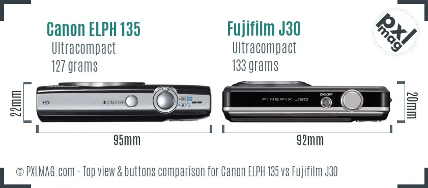 Canon ELPH 135 vs Fujifilm J30 top view buttons comparison