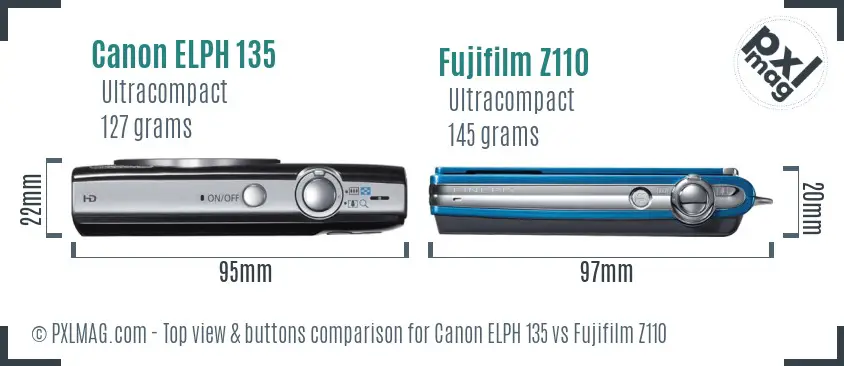 Canon ELPH 135 vs Fujifilm Z110 top view buttons comparison Canon ELPH 135 vs Fujifilm Z110 top view buttons comparison