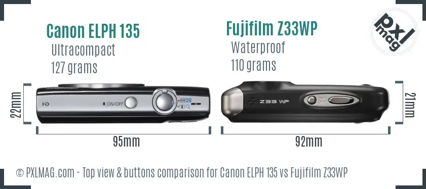 Canon ELPH 135 vs Fujifilm Z33WP top view buttons comparison