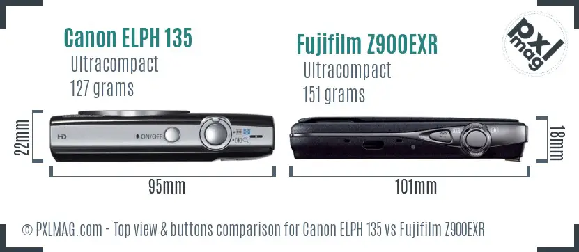 Canon ELPH 135 vs Fujifilm Z900EXR top view buttons comparison