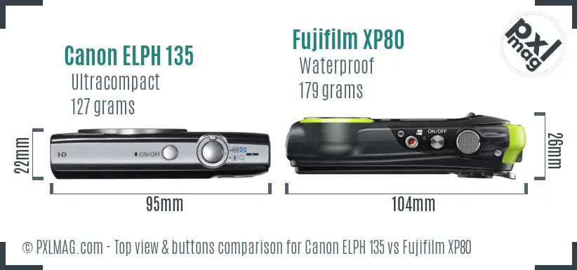 Canon ELPH 135 vs Fujifilm XP80 top view buttons comparison