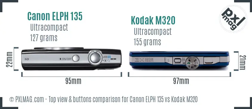 Canon ELPH 135 vs Kodak M320 top view buttons comparison