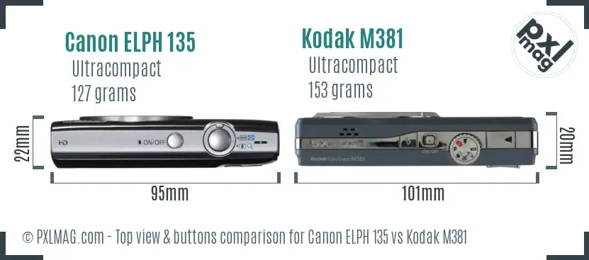 Canon ELPH 135 vs Kodak M381 top view buttons comparison