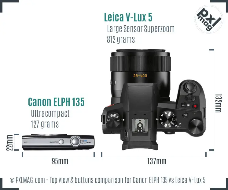 Canon ELPH 135 vs Leica V-Lux 5 top view buttons comparison