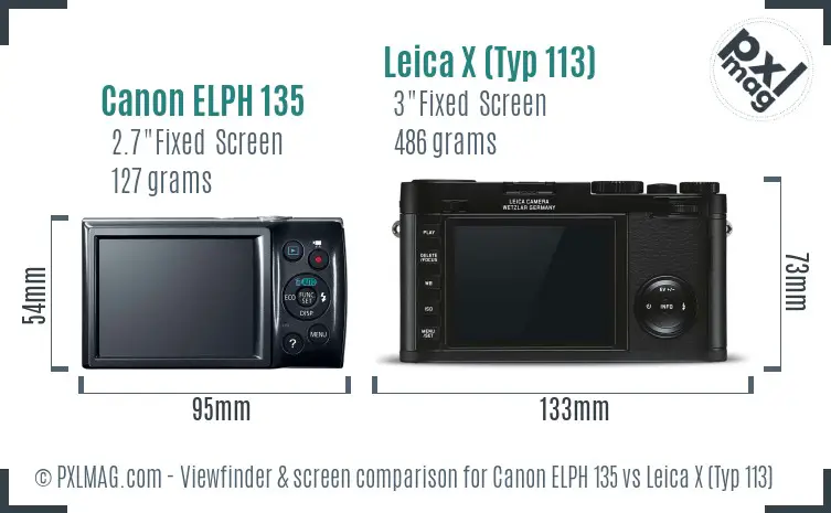 Canon ELPH 135 vs Leica X (Typ 113) Screen and Viewfinder comparison