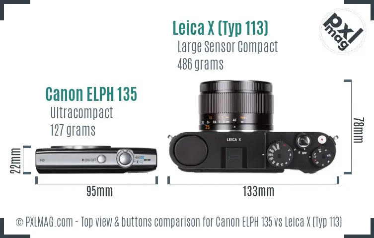 Canon ELPH 135 vs Leica X (Typ 113) top view buttons comparison
