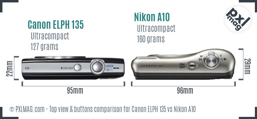 Canon ELPH 135 vs Nikon A10 top view buttons comparison