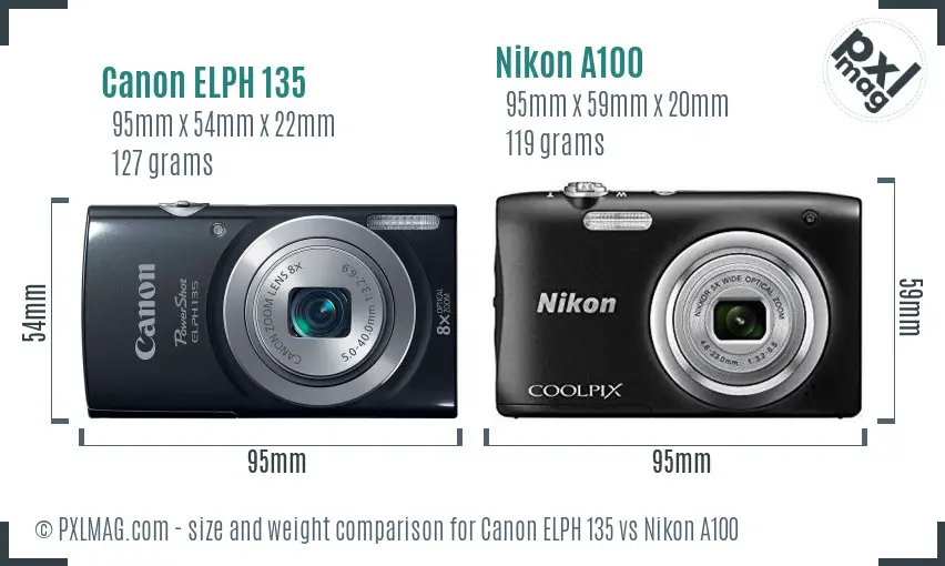 Canon ELPH 135 vs Nikon A100 size comparison Canon ELPH 135 vs Nikon A100 size comparison
