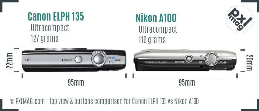 Canon ELPH 135 vs Nikon A100 top view buttons comparison Canon ELPH 135 vs Nikon A100 top view buttons comparison