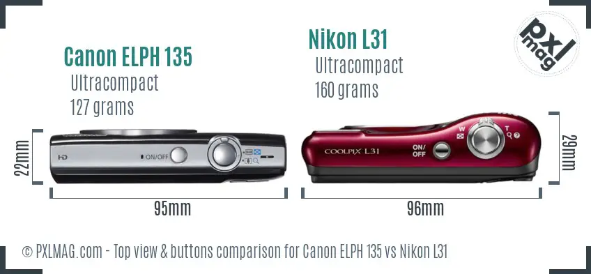 Canon ELPH 135 vs Nikon L31 top view buttons comparison