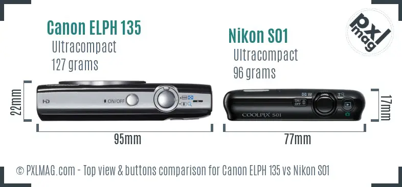 Canon ELPH 135 vs Nikon S01 top view buttons comparison