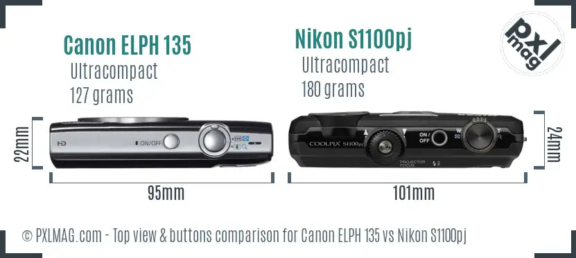 Canon ELPH 135 vs Nikon S1100pj top view buttons comparison