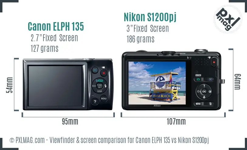 Canon ELPH 135 vs Nikon S1200pj Screen and Viewfinder comparison