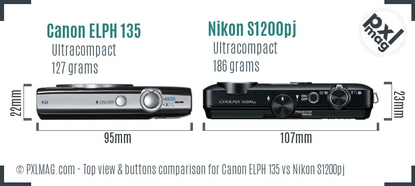 Canon ELPH 135 vs Nikon S1200pj top view buttons comparison