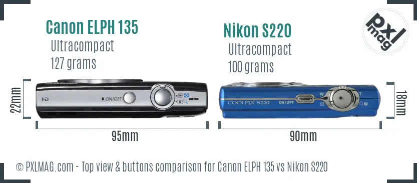 Canon ELPH 135 vs Nikon S220 top view buttons comparison