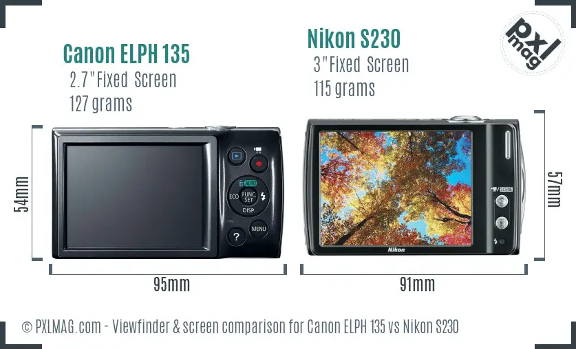 Canon ELPH 135 vs Nikon S230 Screen and Viewfinder comparison