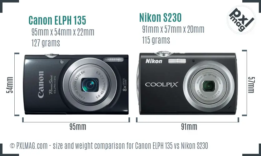 Canon ELPH 135 vs Nikon S230 size comparison