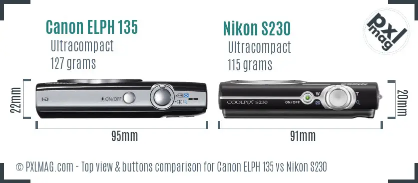 Canon ELPH 135 vs Nikon S230 top view buttons comparison