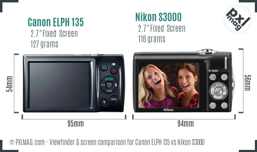 Canon ELPH 135 vs Nikon S3000 Screen and Viewfinder comparison