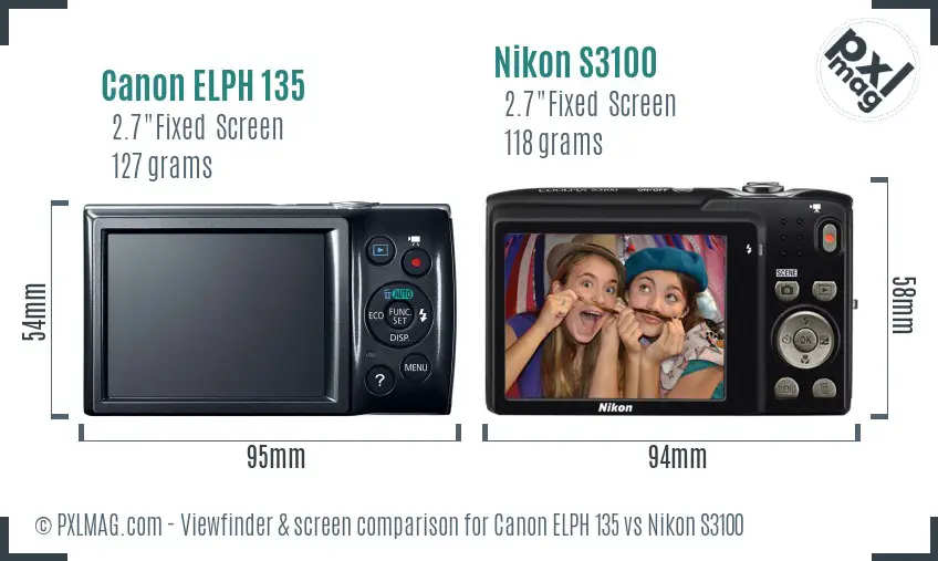 Canon ELPH 135 vs Nikon S3100 Screen and Viewfinder comparison