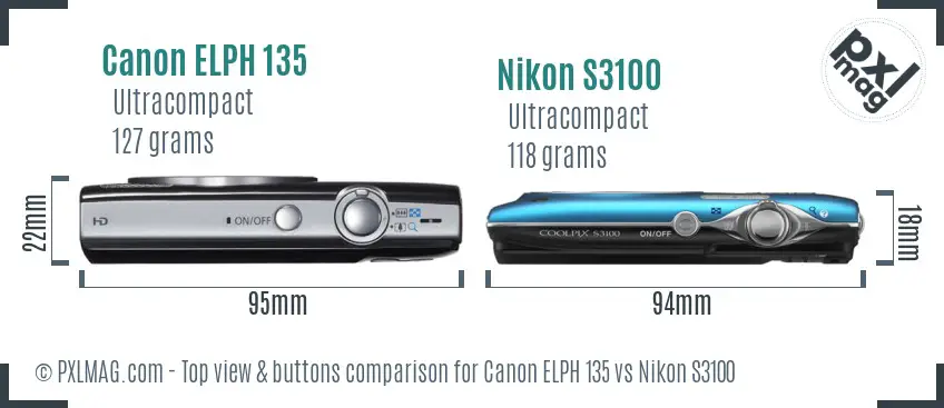 Canon ELPH 135 vs Nikon S3100 top view buttons comparison
