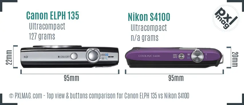 Canon ELPH 135 vs Nikon S4100 top view buttons comparison Canon ELPH 135 vs Nikon S4100 top view buttons comparison