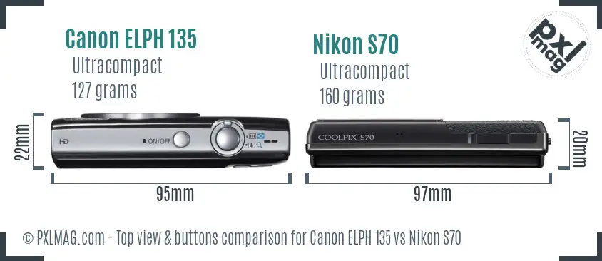 Canon ELPH 135 vs Nikon S70 top view buttons comparison