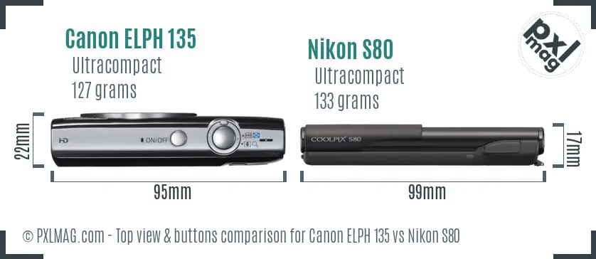 Canon ELPH 135 vs Nikon S80 top view buttons comparison