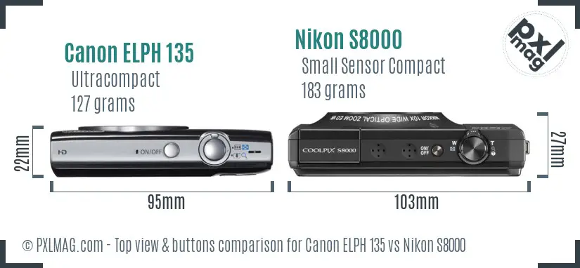 Canon ELPH 135 vs Nikon S8000 top view buttons comparison