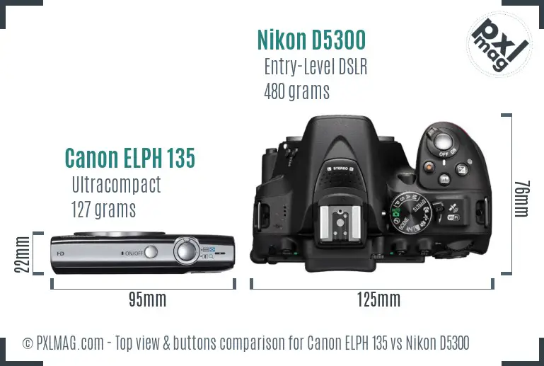 Canon ELPH 135 vs Nikon D5300 top view buttons comparison