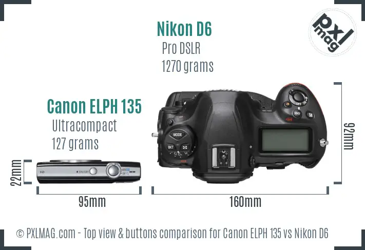 Canon ELPH 135 vs Nikon D6 top view buttons comparison