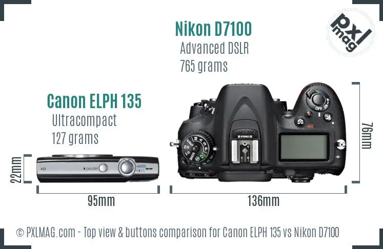 Canon ELPH 135 vs Nikon D7100 top view buttons comparison