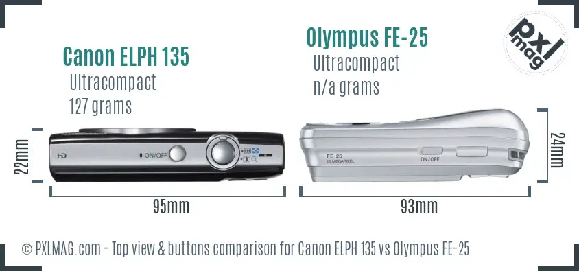 Canon ELPH 135 vs Olympus FE-25 top view buttons comparison