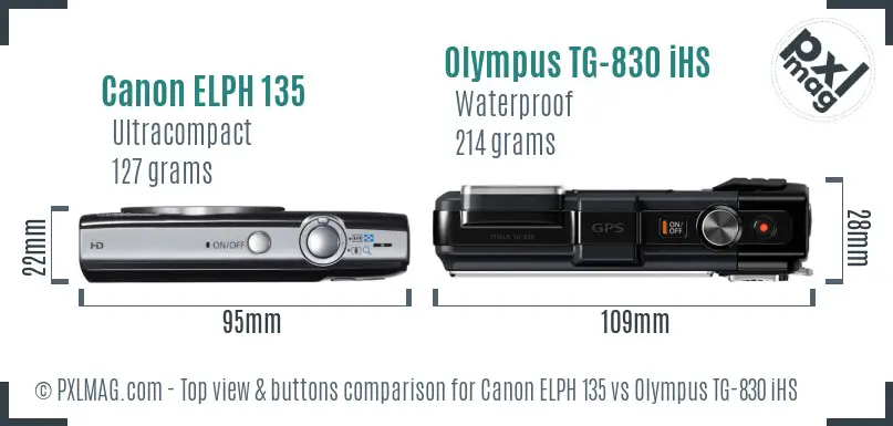 Canon ELPH 135 vs Olympus TG-830 iHS top view buttons comparison