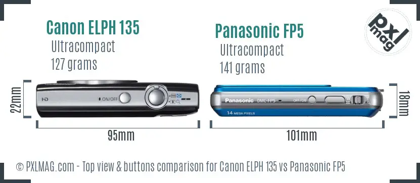 Canon ELPH 135 vs Panasonic FP5 top view buttons comparison