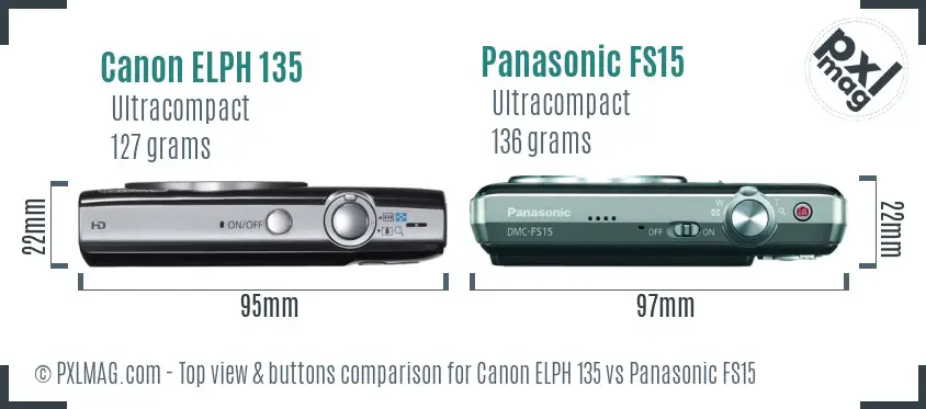 Canon ELPH 135 vs Panasonic FS15 top view buttons comparison