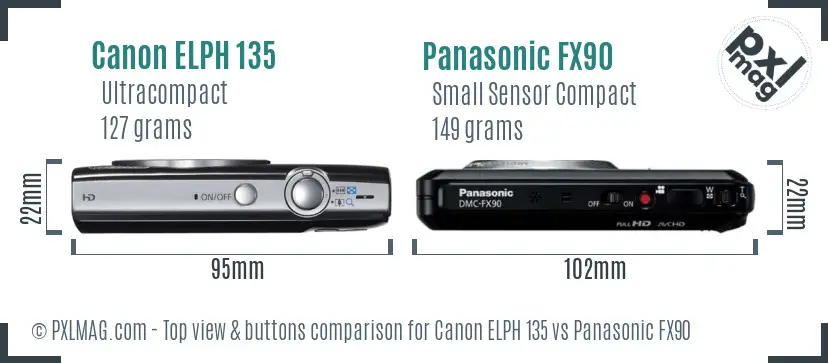 Canon ELPH 135 vs Panasonic FX90 top view buttons comparison