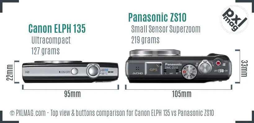 Canon ELPH 135 vs Panasonic ZS10 top view buttons comparison