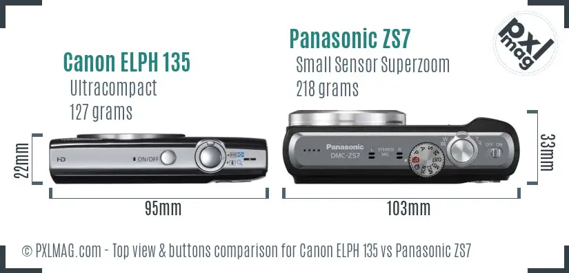 Canon ELPH 135 vs Panasonic ZS7 top view buttons comparison