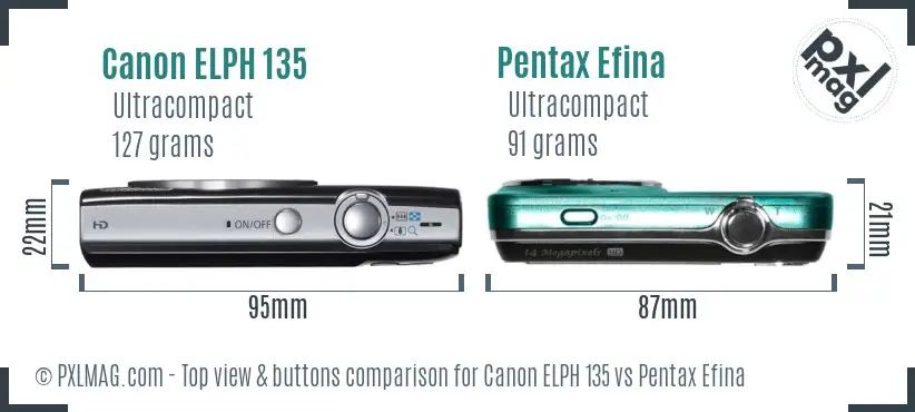 Canon ELPH 135 vs Pentax Efina top view buttons comparison
