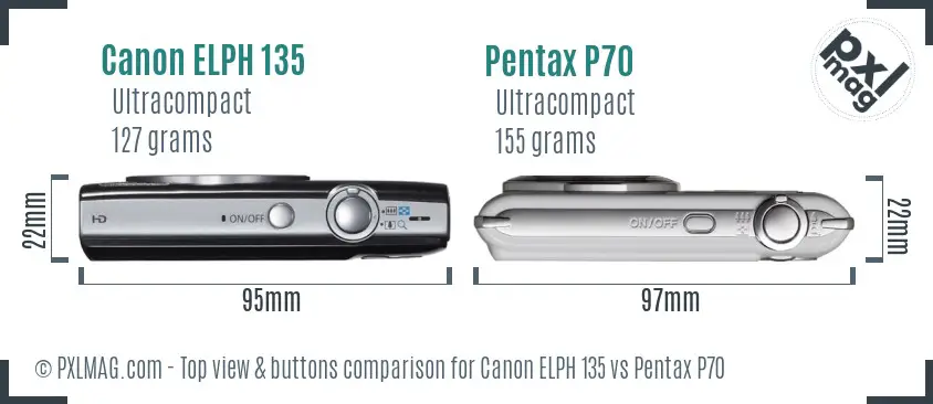 Canon ELPH 135 vs Pentax P70 top view buttons comparison Canon ELPH 135 vs Pentax P70 top view buttons comparison