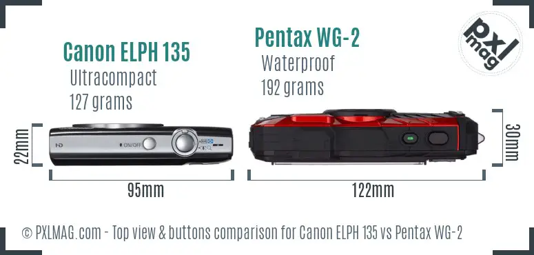 Canon ELPH 135 vs Pentax WG-2 top view buttons comparison