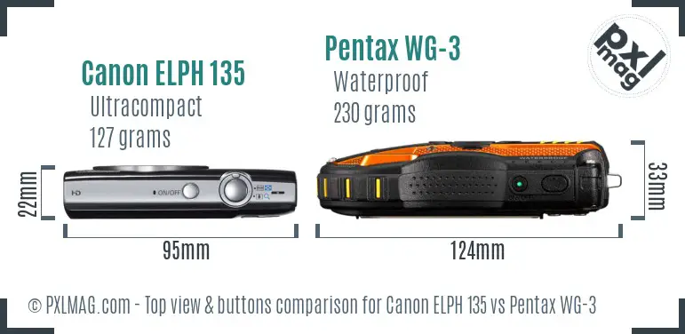 Canon ELPH 135 vs Pentax WG-3 top view buttons comparison