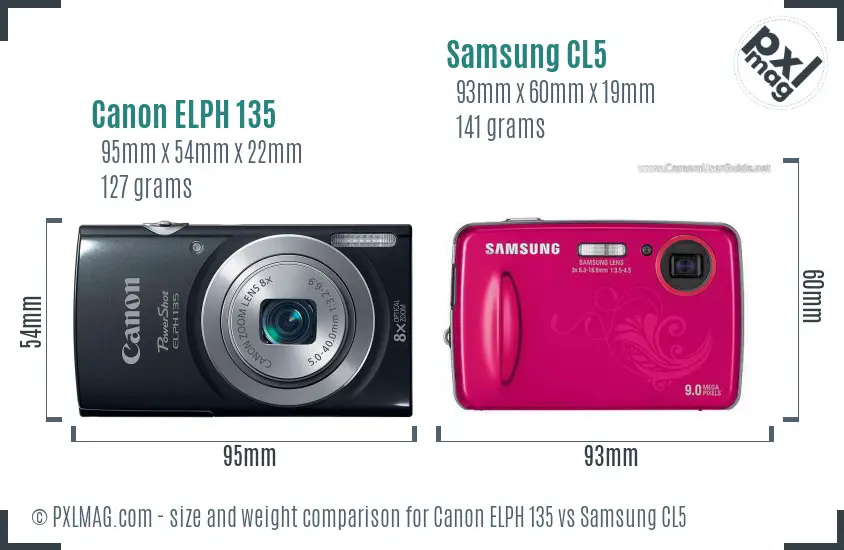 Canon ELPH 135 vs Samsung CL5 size comparison
