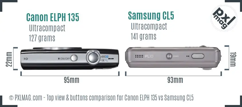 Canon ELPH 135 vs Samsung CL5 top view buttons comparison