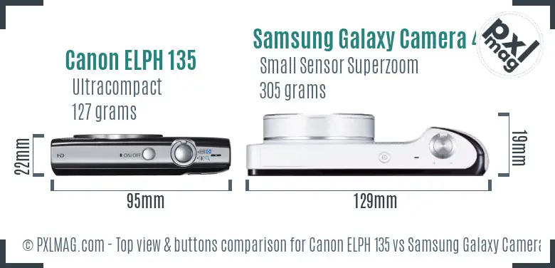 Canon ELPH 135 vs Samsung Galaxy Camera 4G top view buttons comparison