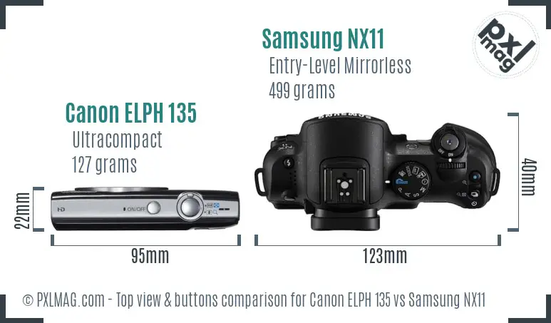 Canon ELPH 135 vs Samsung NX11 top view buttons comparison