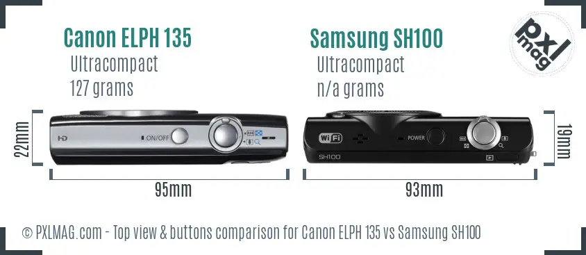 Canon ELPH 135 vs Samsung SH100 top view buttons comparison